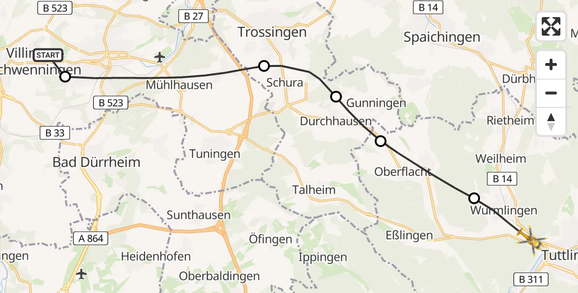 Flugroute Ambulanzhubschrauber DRF Air Rescue Station Villingen-Schwenningen Hubschrauberlandeplatz (Christoph 11) - Tuttlingen, 20 Mai 2026, 11:20