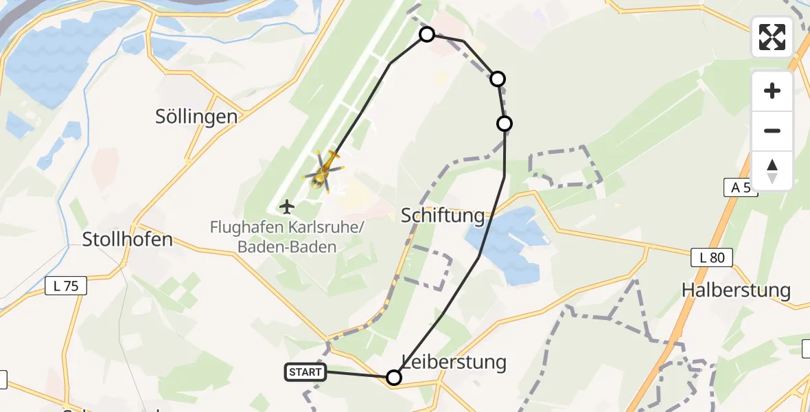 Flugroute Rettungshubschrauber Rheinmünster - Karlsruhe Baden-Baden Flughafen, 20 Mai 2026, 11:25