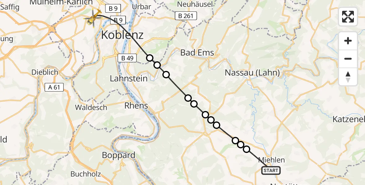 Flugroute Rettungshubschrauber Miehlen - Koblenz, 20 Mai 2026, 11:27