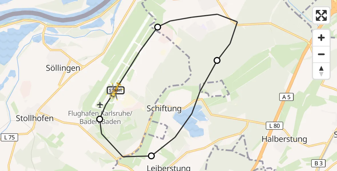 Flugroute Rettungshubschrauber Karlsruhe Baden-Baden Flughafen - Karlsruhe Baden-Baden Flughafen, 20 Mai 2026, 11:28