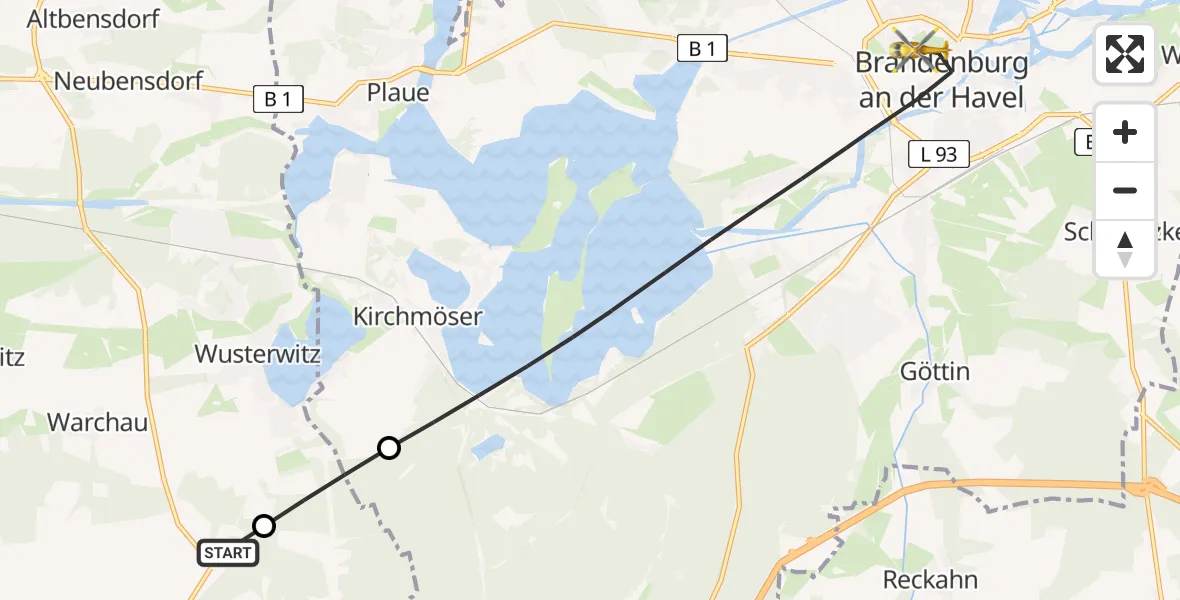 Flugroute Rettungshubschrauber Rosenau - Brandenburg an der Havel, 20 Mai 2026, 11:33
