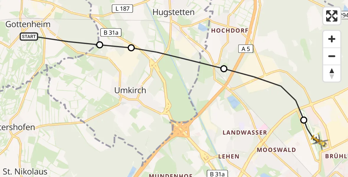 Flugroute Rettungshubschrauber Gottenheim - Freiburg im Breisgau Flugplatz, 20 Mai 2026, 11:34