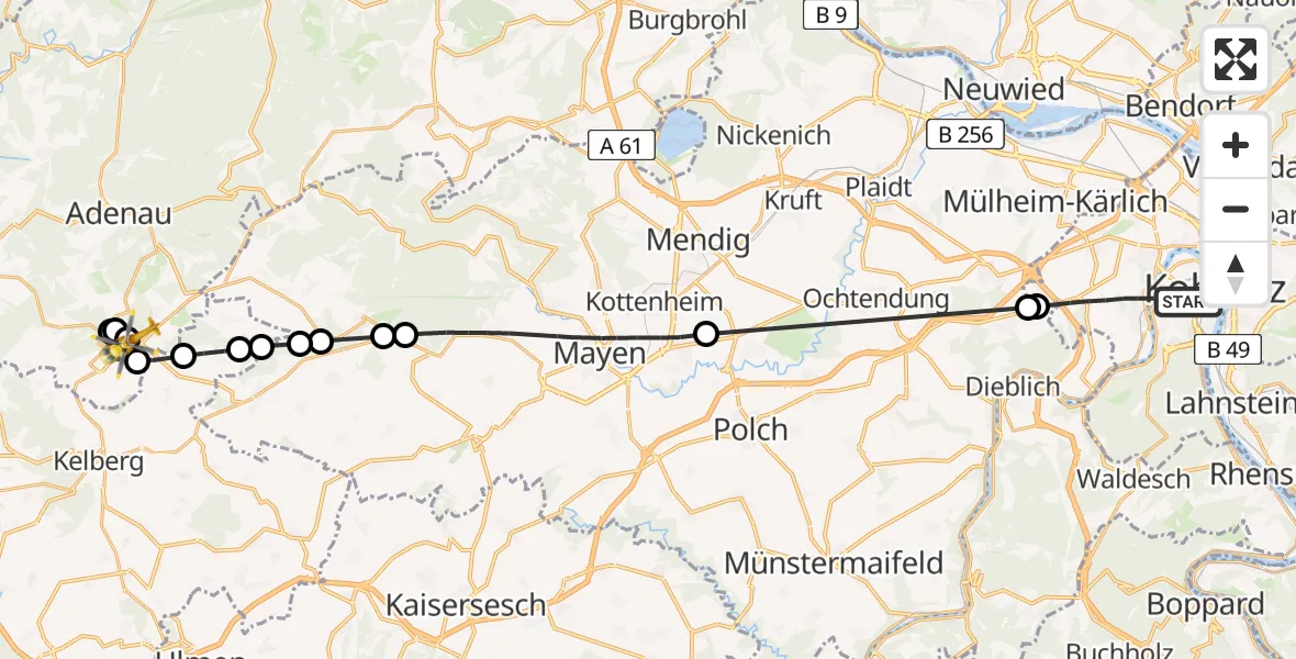 Flugroute Ambulanzhubschrauber Koblenz - Nürburgring Hubschrauberlandeplatz, 20 Mai 2026, 11:42