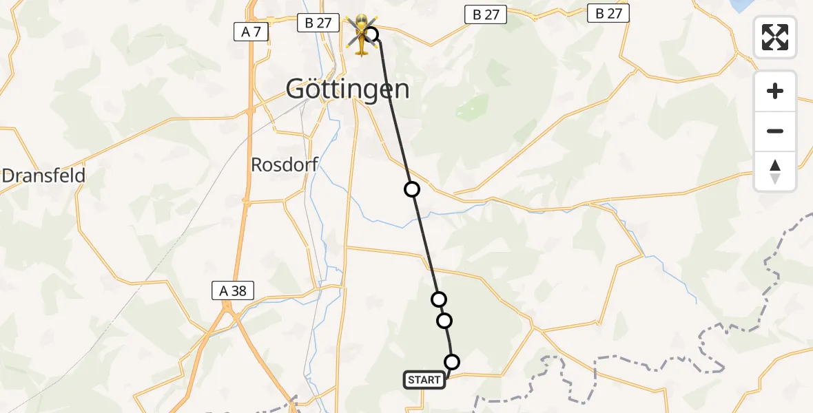 Flugroute Rettungshubschrauber Friedland - Göttingen University Clinic Hubschrauberlandeplatz, 20 Mai 2026, 11:51