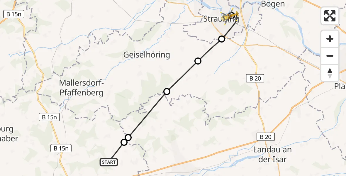 Flugroute Rettungshubschrauber Postau - Sankt Elisabeth Hospital Straubing, 20 Mai 2026, 12:02