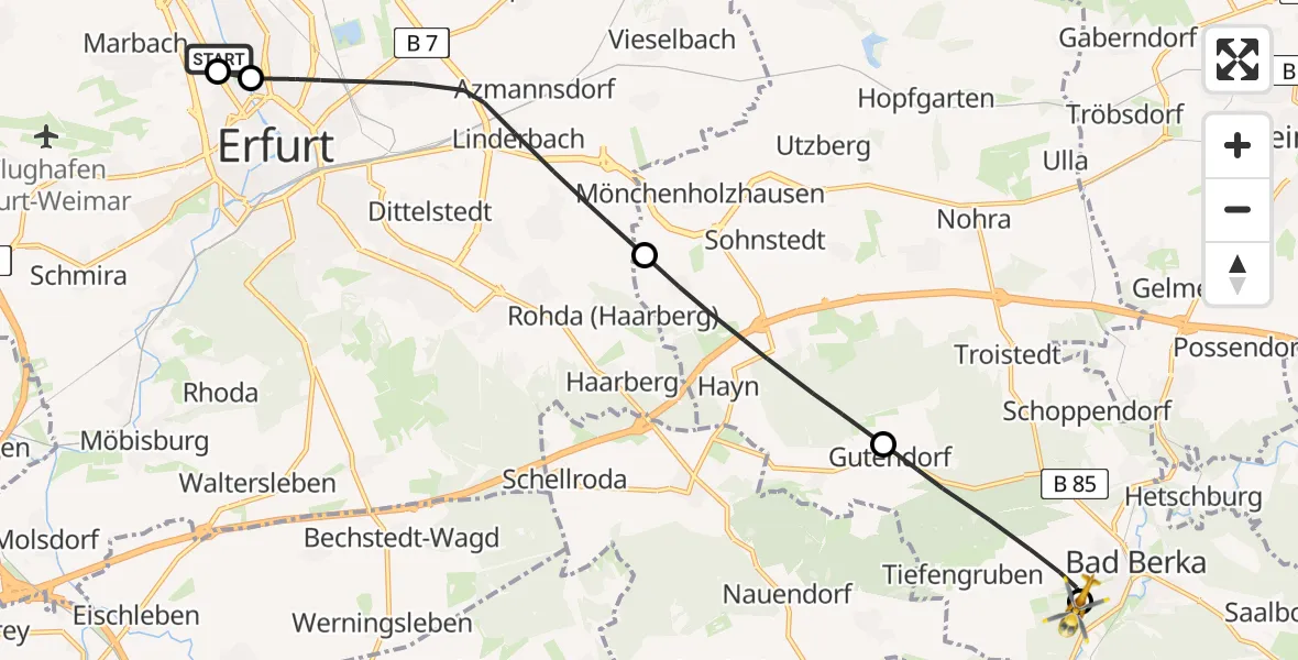 Flugroute Ambulanzhubschrauber Helios Clinic Erfurt - Bad Berka Central Hospital, 20 Mai 2026, 12:03