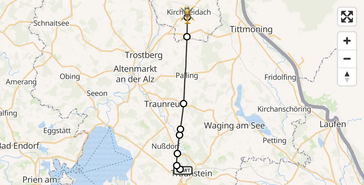 Flugroute Rettungshubschrauber Traunstein Hospital - Kirchweidach, 20 Mai 2026, 12:12