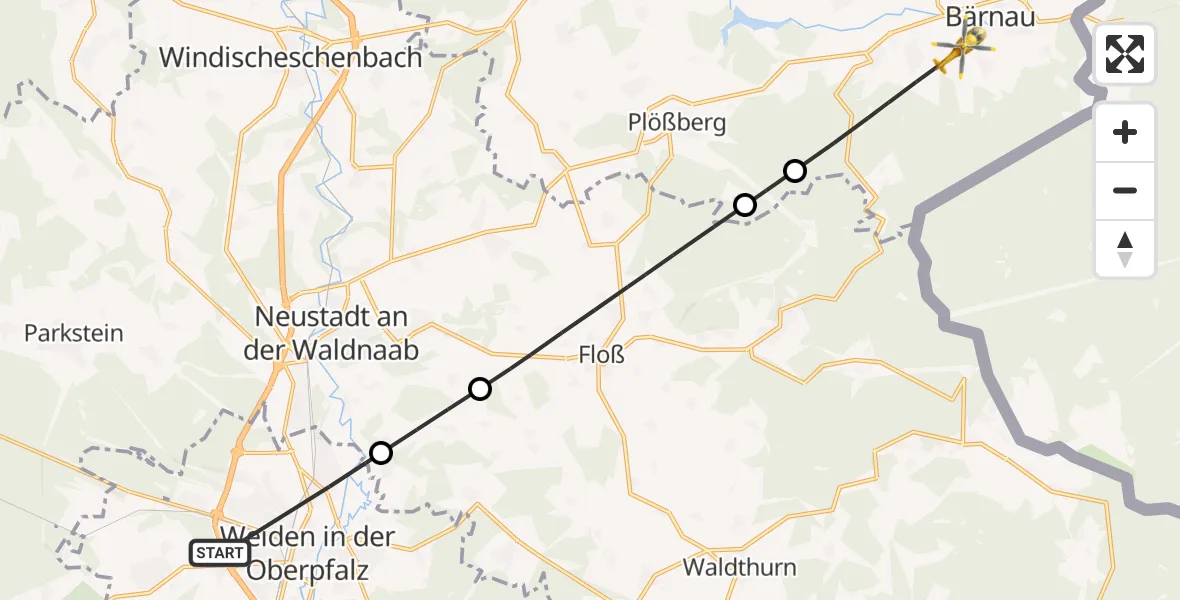Flugroute Rettungshubschrauber Weiden i.d.OPf. - Bärnau, 20 Mai 2026, 12:23