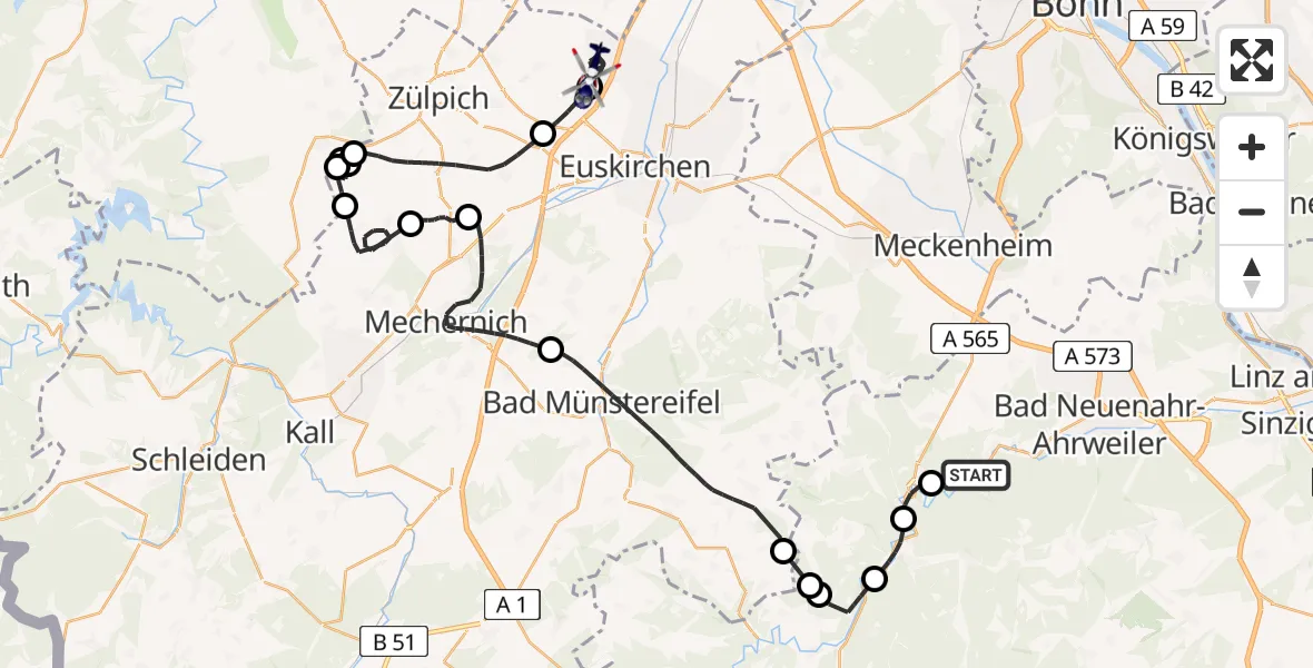 Flugroute Polizeihubschrauber Mayschoß - Zülpich, 20 Mai 2026, 12:22