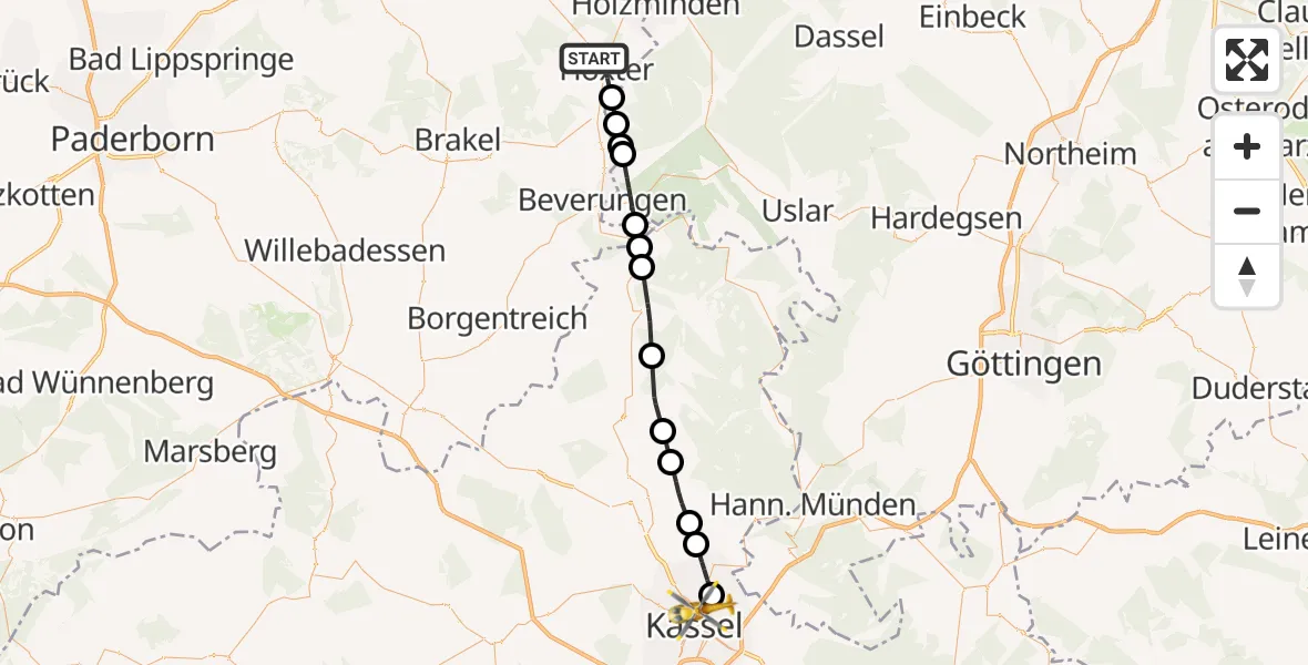 Flugroute Ambulanzhubschrauber Höxter - Kassel, 20 Mai 2026, 12:24