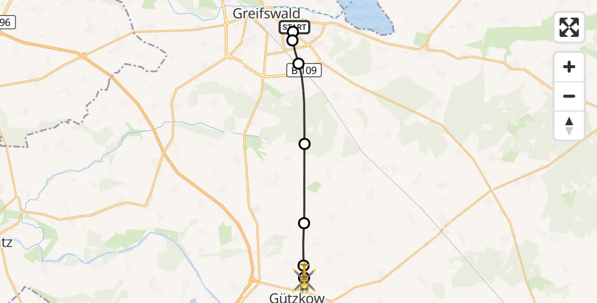 Flugroute Rettungshubschrauber Greifswald Hospital - Gützkow, 20 Mai 2026, 12:41