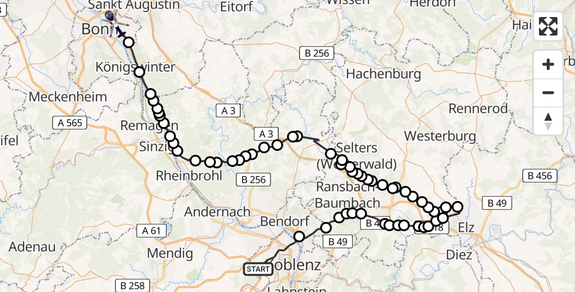 Flugroute Polizeihubschrauber Koblenz - Bonn, 20 Mai 2026, 12:44