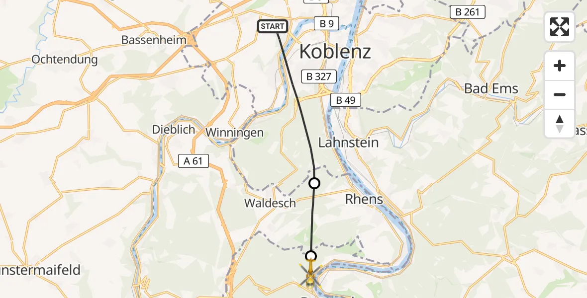 Flugroute Rettungshubschrauber Koblenz - Boppard, 20 Mai 2026, 12:49