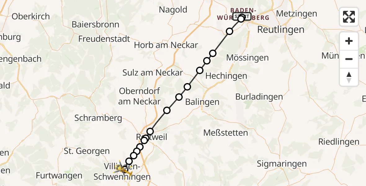 Flugroute Ambulanzhubschrauber Tübingen Trauma Hospital - DRF Air Rescue Station Villingen-Schwenningen Hubschrauberlandeplatz (Christoph 11), 20 Mai 2026, 12:52