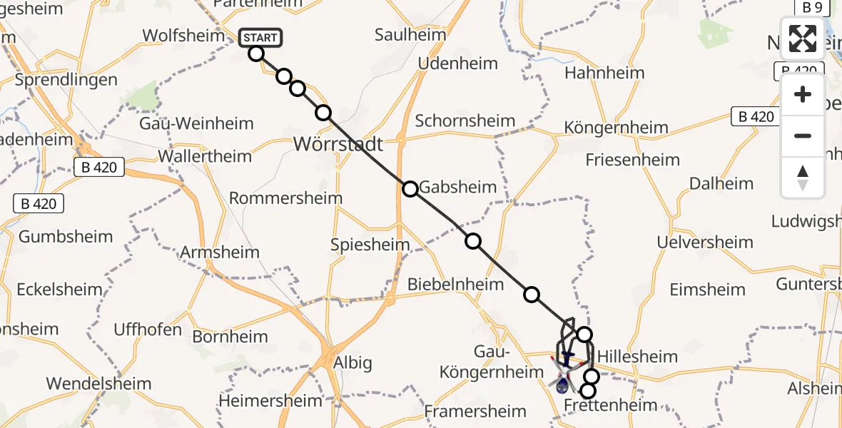 Flugroute Polizeihubschrauber Partenheim - Gau-Odernheim, 20 Mai 2026, 12:58