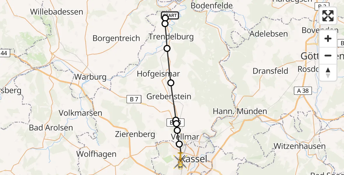 Flugroute Rettungshubschrauber Bad Karlshafen - Kassel, 20 Mai 2026, 12:59