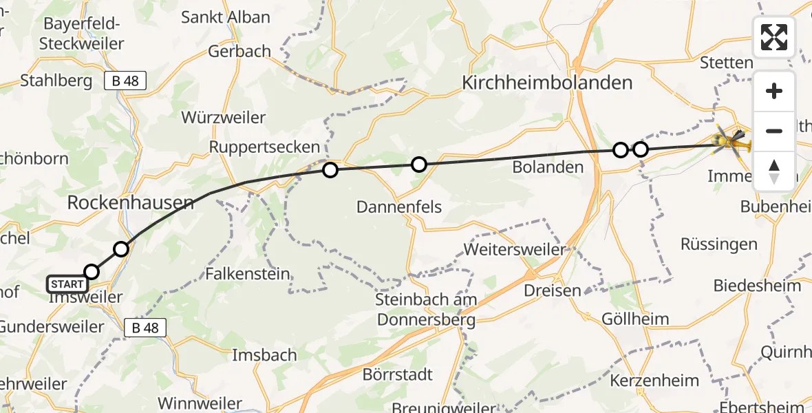 Flugroute Rettungshubschrauber Imsweiler UL - Albisheim (Pfrimm), 20 Mai 2026, 13:02