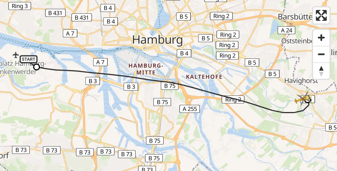 Flugroute Ambulanzhubschrauber Hamburg-Finkenwerder Flughafen - Christoph Hansa ADAC Hubschrauberlandeplatz, 20 Mai 2026, 13:04
