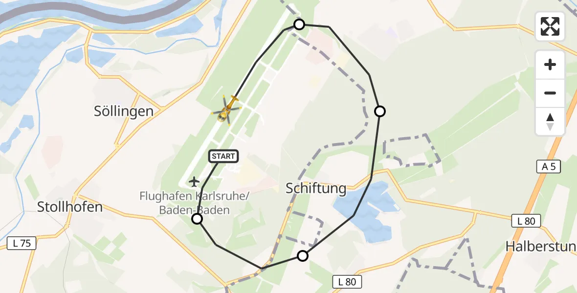 Flugroute Rettungshubschrauber Karlsruhe Baden-Baden Flughafen - Karlsruhe Baden-Baden Flughafen, 20 Mai 2026, 13:05