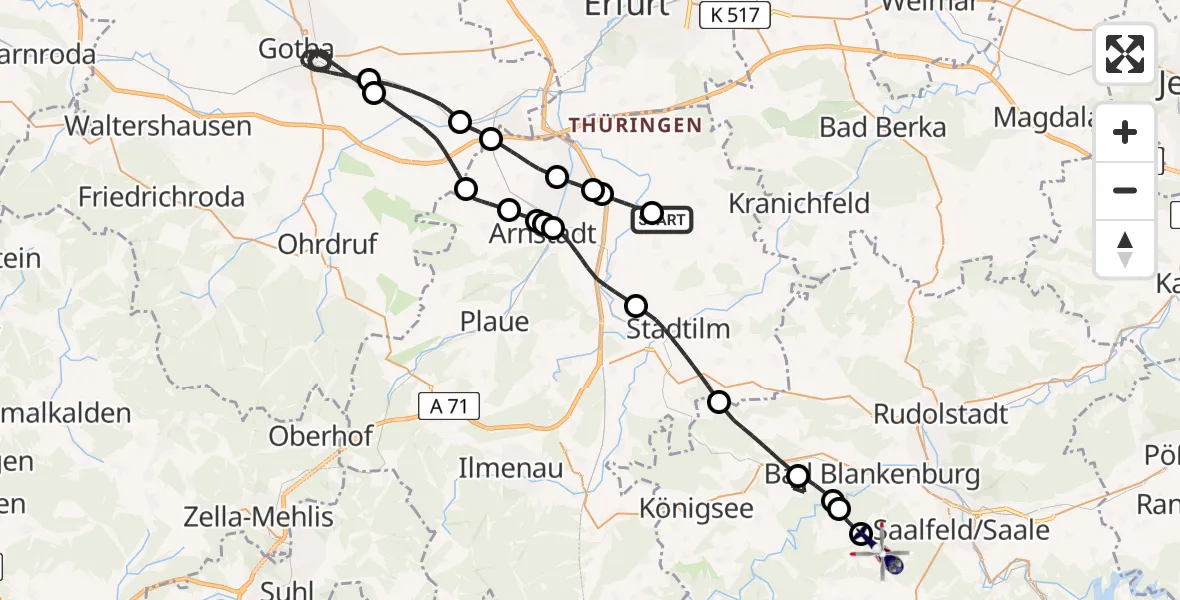 Flugroute Polizeihubschrauber Arnstadt-Alkersleben Flugplatz - Saalfeld/Saale, 20 Mai 2026, 13:06