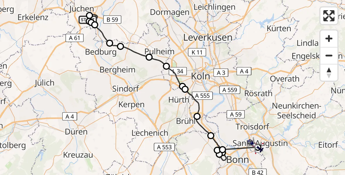 Flugroute Polizeihubschrauber Jüchen - Sankt Augustin, 20 Mai 2026, 13:09