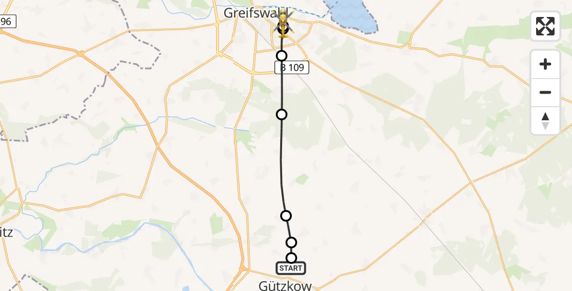 Flugroute Rettungshubschrauber Gützkow - Greifswald Hospital, 20 Mai 2026, 13:13