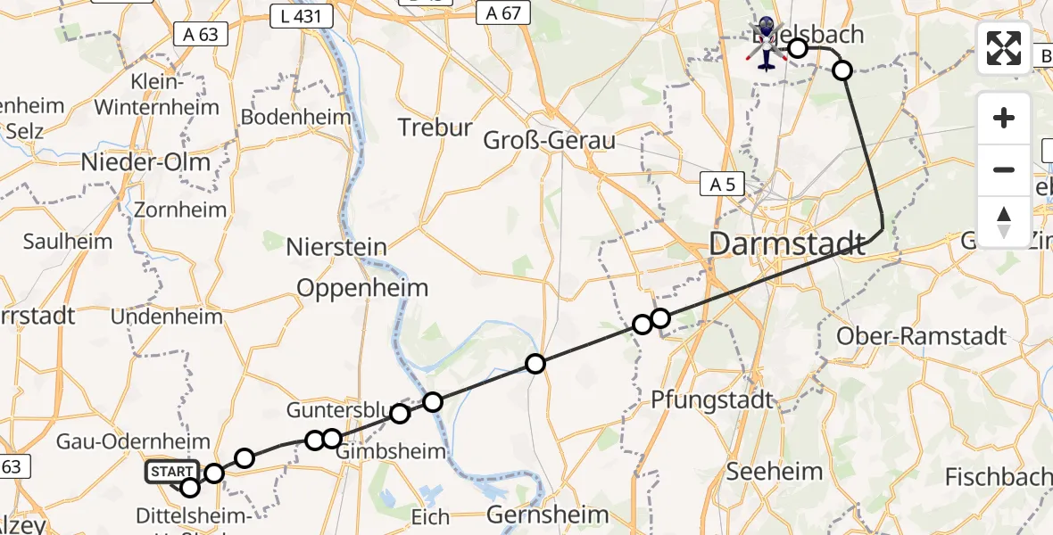 Flugroute Polizeihubschrauber Gau-Odernheim - Flughafen Frankfurt-Egelsbach, 20 Mai 2026, 13:14