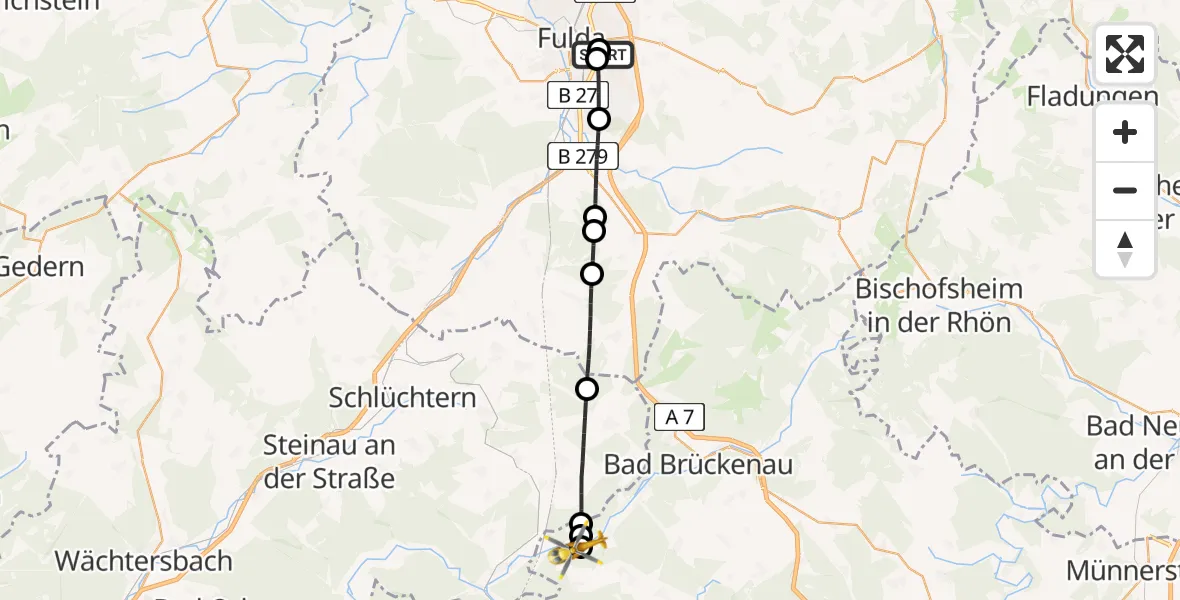 Flugroute Rettungshubschrauber Fulda Hospital - Zeitlofs, 20 Mai 2026, 13:21