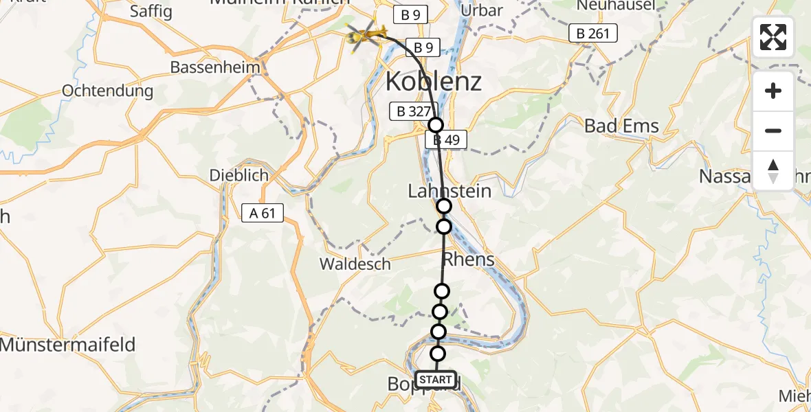 Flugroute Rettungshubschrauber Kamp-Bornhofen - Koblenz, 20 Mai 2026, 13:27