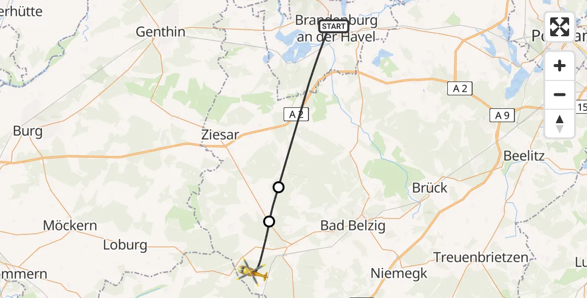 Flugroute Rettungshubschrauber Brandenburg an der Havel - Wiesenburg/Mark, 20 Mai 2026, 13:36