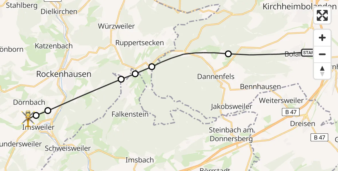 Flugroute Rettungshubschrauber Bolanden - Imsweiler UL, 20 Mai 2026, 13:45