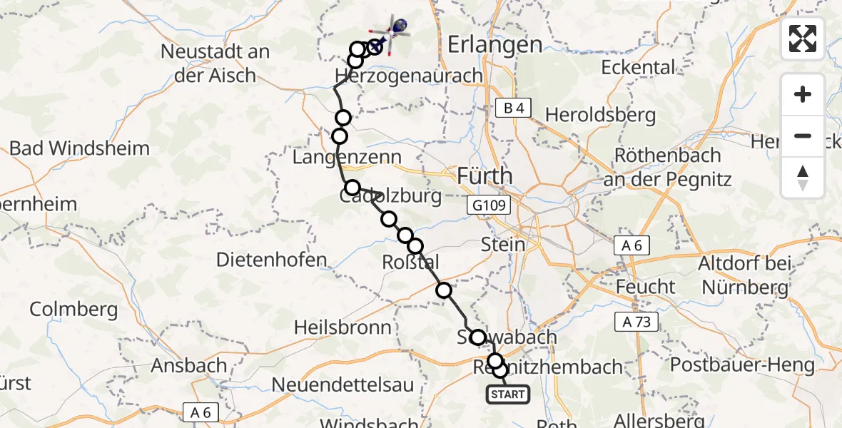 Flugroute Polizeihubschrauber Büchenbach - Herzogenaurach, 20 Mai 2026, 13:46