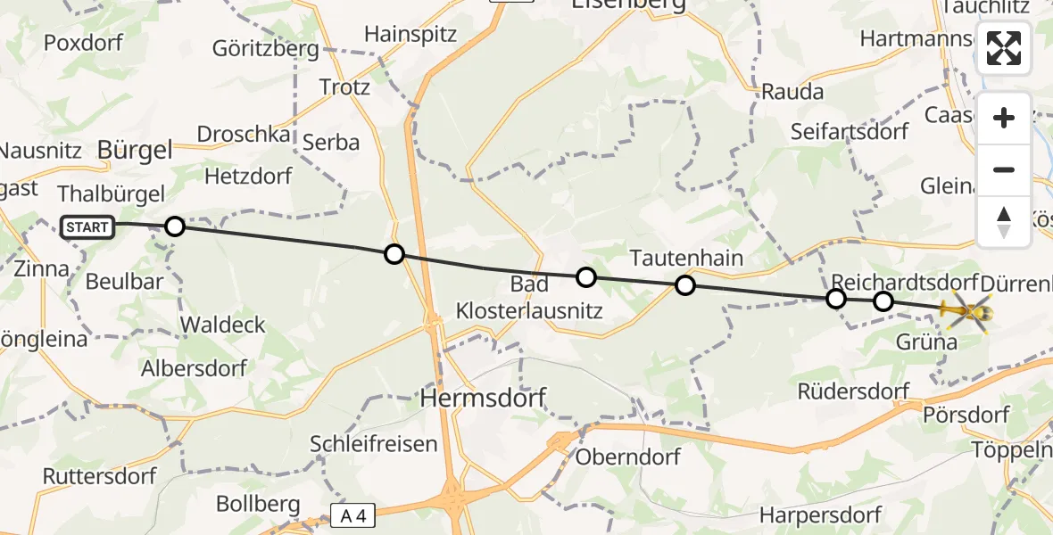 Flugroute Rettungshubschrauber Bürgel - Bad Köstritz, 20 Mai 2026, 13:58