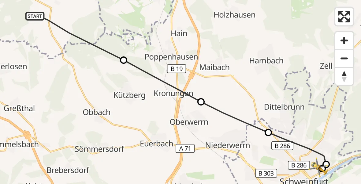 Flugroute Rettungshubschrauber Sulzthal - Leopoldina Schweinfurt City Hospital, 20 Mai 2026, 14:00