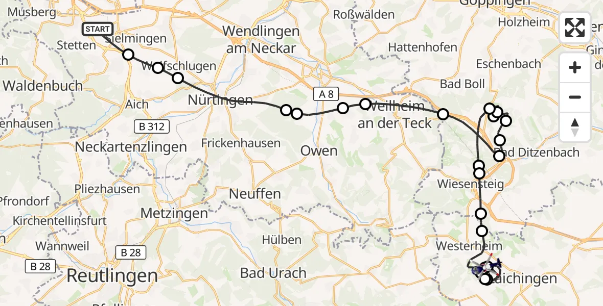 Flugroute Polizeihubschrauber Flughafen Stuttgart - Laichingen Jakob Laur Flugplatz, 20 Mai 2026, 14:02