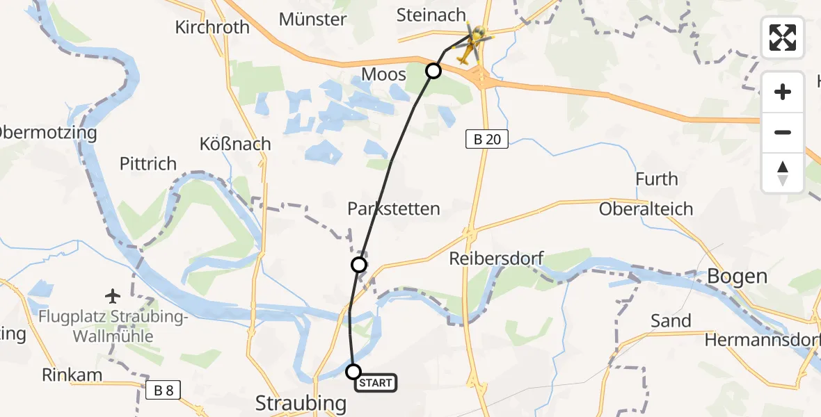 Flugroute Rettungshubschrauber Sankt Elisabeth Hospital Straubing - Steinach, 20 Mai 2026, 14:06