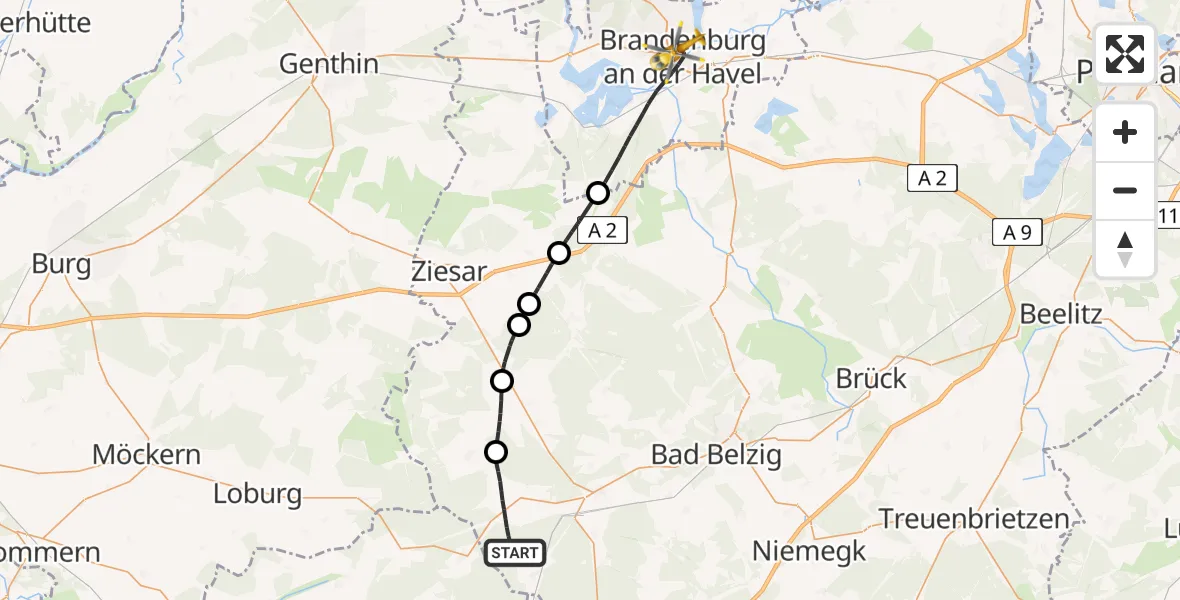 Flugroute Rettungshubschrauber Wiesenburg/Mark - Brandenburg an der Havel, 20 Mai 2026, 14:07