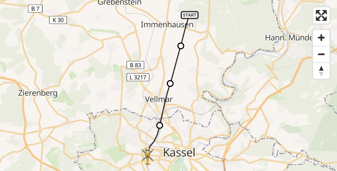 Flugroute Rettungshubschrauber Immenhausen - Kassel, 20 Mai 2026, 14:26