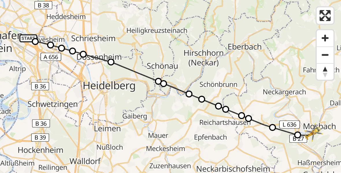 Flugroute Rettungshubschrauber Mannheim-City Flughafen - Mosbach, 20 Mai 2026, 14:27
