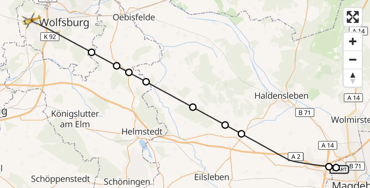 Flugroute Rettungshubschrauber Magdeburg Hospital - Wolfsburg, 20 Mai 2026, 14:31