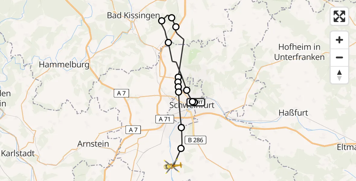 Flugroute Rettungshubschrauber Leopoldina Schweinfurt City Hospital - Röthlein, 20 Mai 2026, 14:37