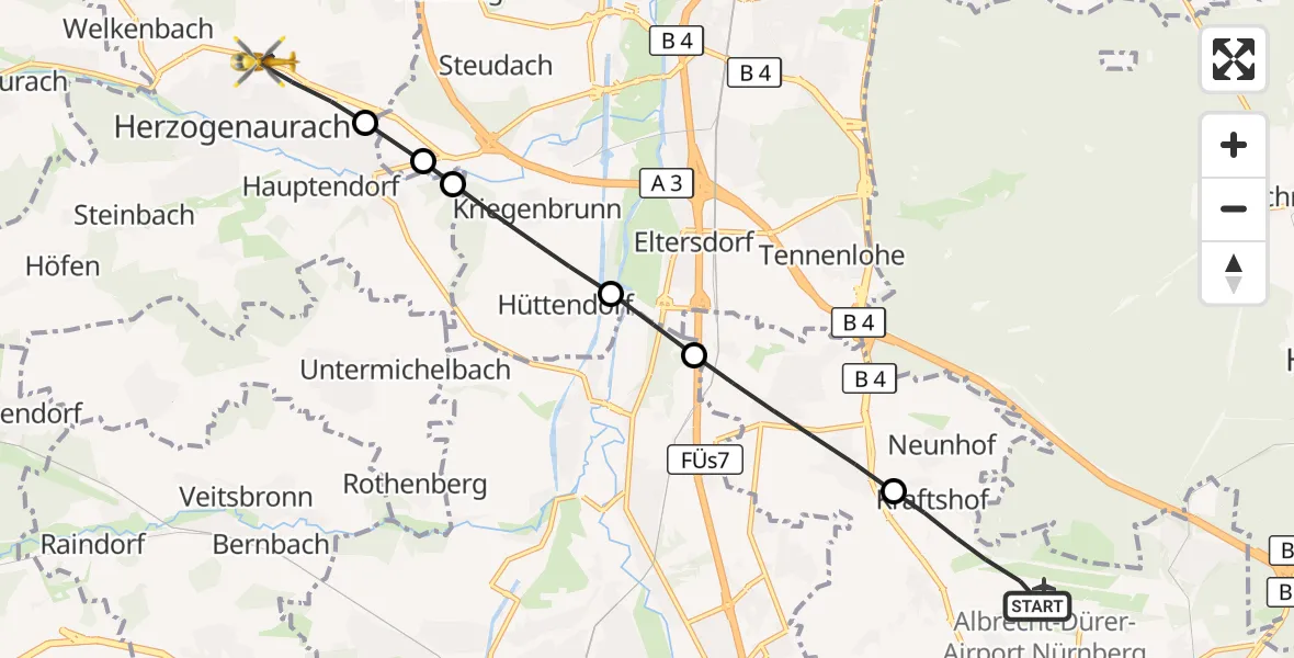 Flugroute Ambulanzhubschrauber Flughafen Nuremberg - Herzogenaurach, 20 Mai 2026, 14:38