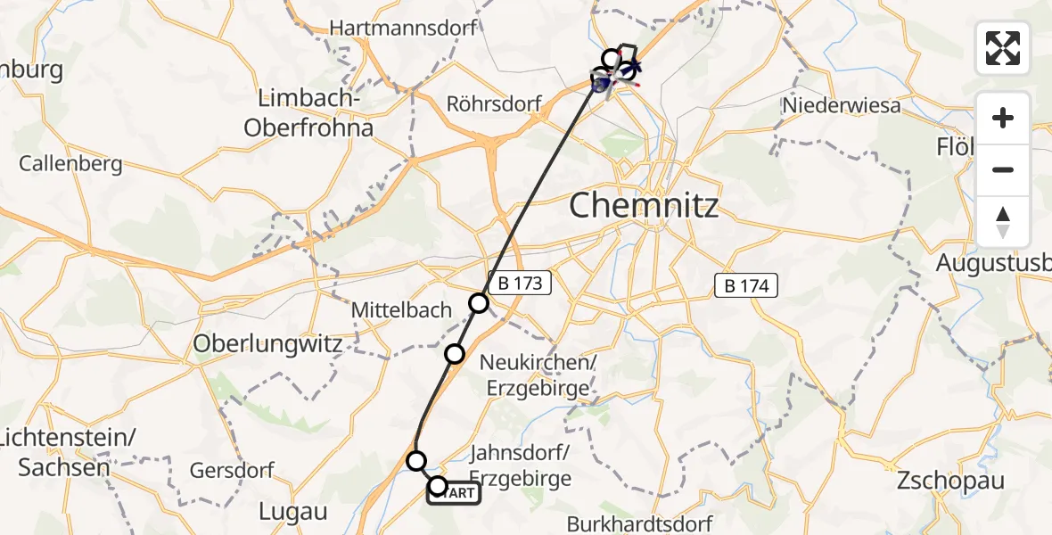 Flugroute Polizeihubschrauber Jahnsdorf/Erzgeb. - Chemnitz-Glösa Industrial Park Hubschrauberlandeplatz, 20 Mai 2026, 14:51