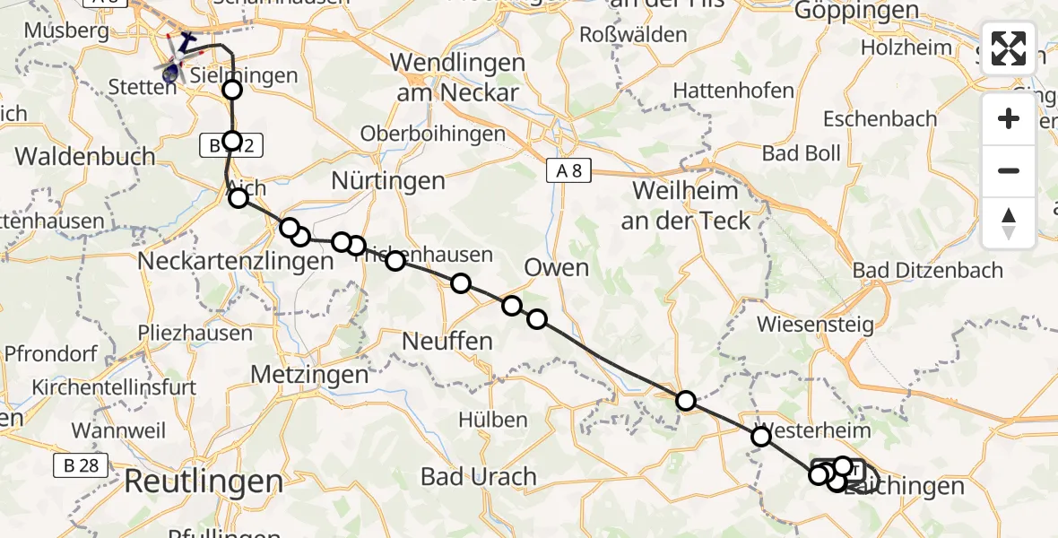 Flugroute Polizeihubschrauber Laichingen Jakob Laur Flugplatz - Flughafen Stuttgart, 20 Mai 2026, 14:56