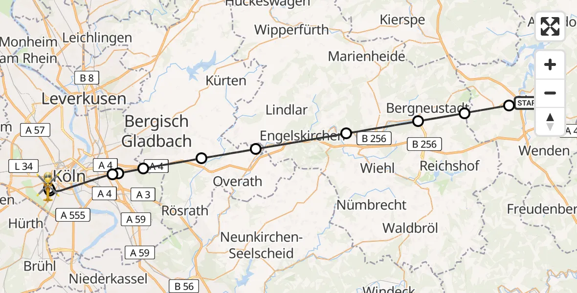 Flugroute Rettungshubschrauber Olpe - Köln University Hospital, 20 Mai 2026, 15:04