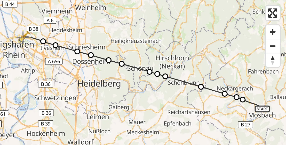 Flugroute Rettungshubschrauber Mosbach - Mannheim, 20 Mai 2026, 15:06
