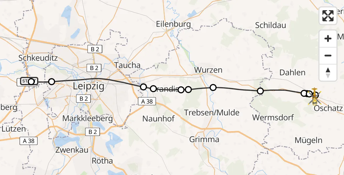 Flugroute Rettungshubschrauber ADAC Air Rescue Station Leipzig/Schkeuditz-Dölzig Hubschrauberlandeplatz (Christoph 61) - Oschatz, 20 Mai 2026, 15:07