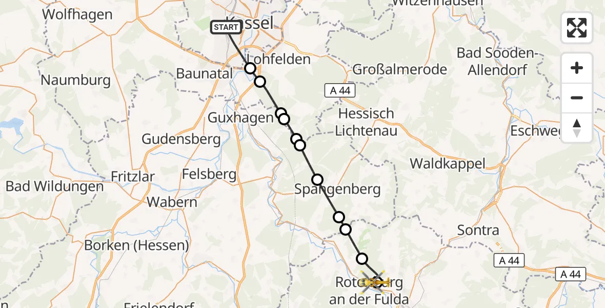 Flugroute Rettungshubschrauber Kassel - Rotenburg an der Fulda Cardiovascular Center Hubschrauberlandeplatz, 20 Mai 2026, 15:24