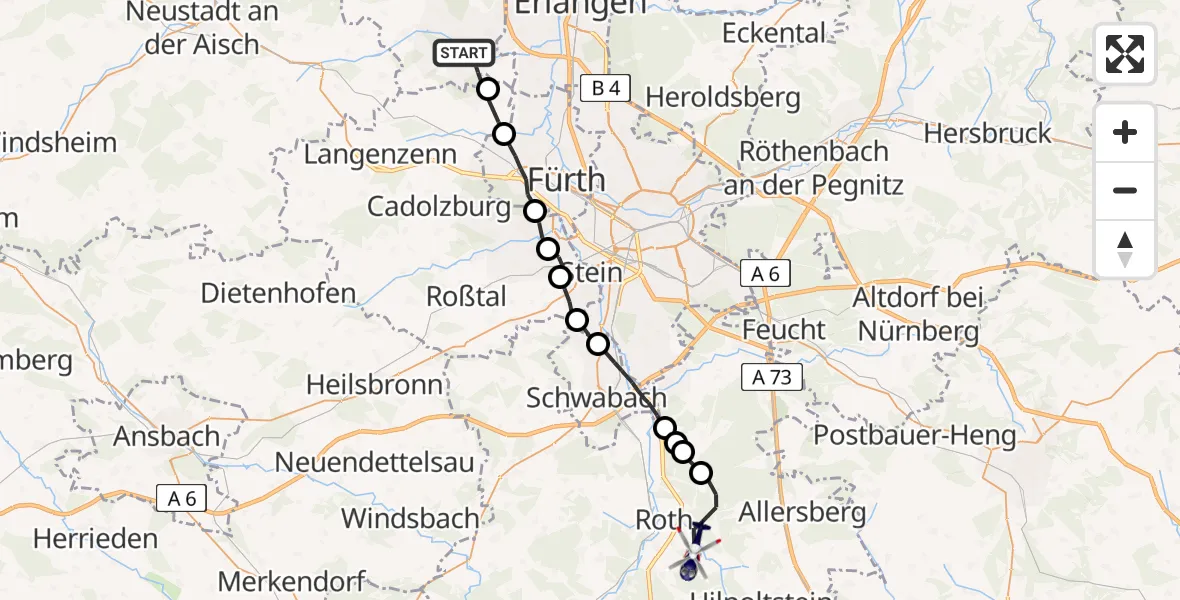 Flugroute Polizeihubschrauber Herzogenaurach - Roth, 20 Mai 2026, 15:29