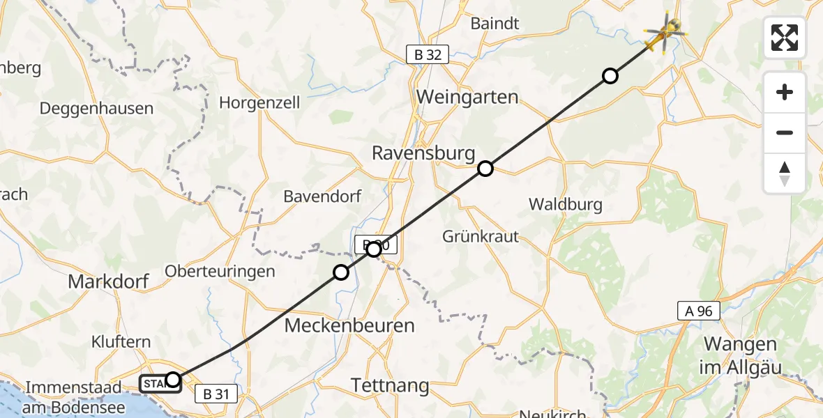 Flugroute Rettungshubschrauber Friedrichshafen Hospital - Wolfegg, 20 Mai 2026, 15:33